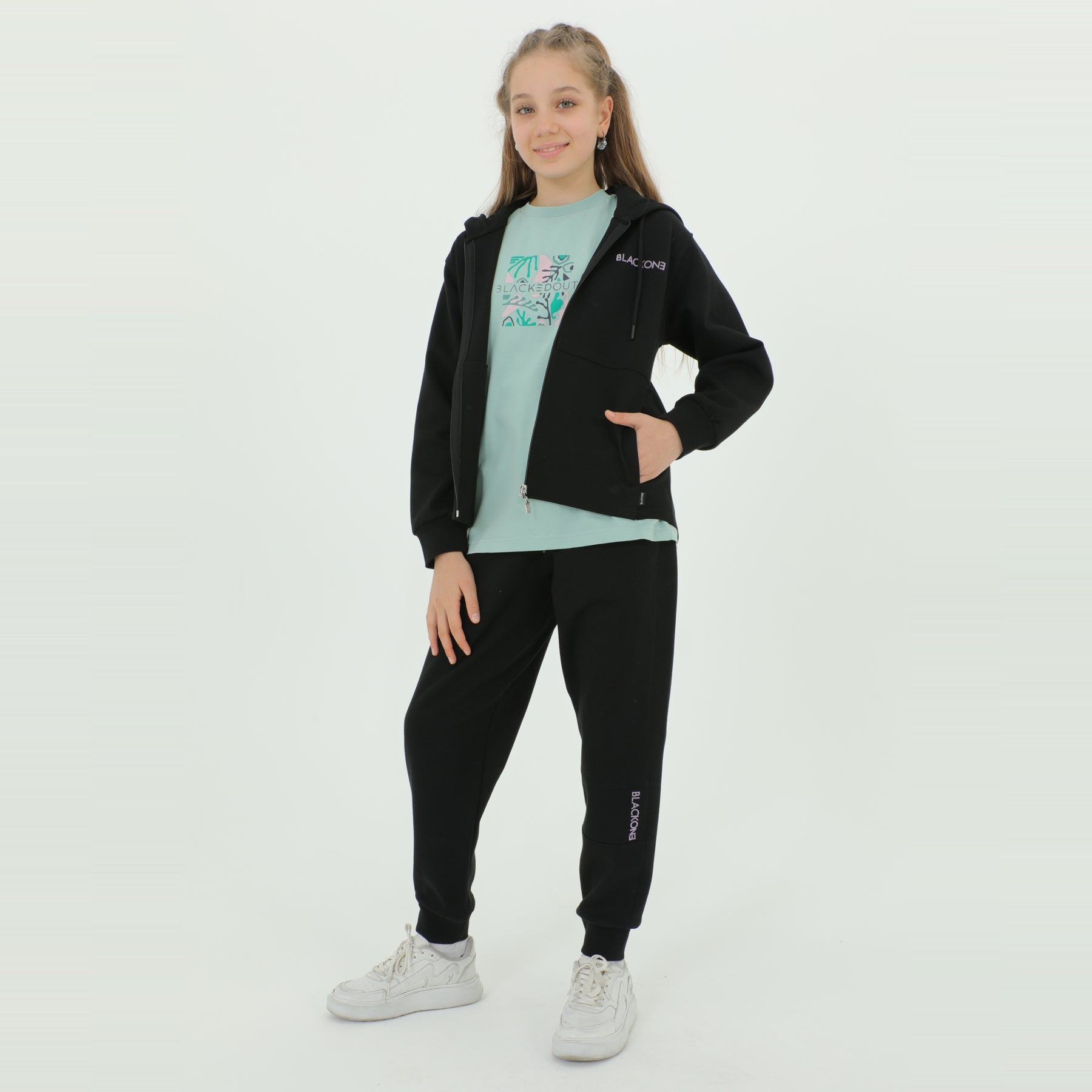 Zip-up hoodie girls jogger set in grey and black with elastic waistband and snug ankle cuffs — view 2