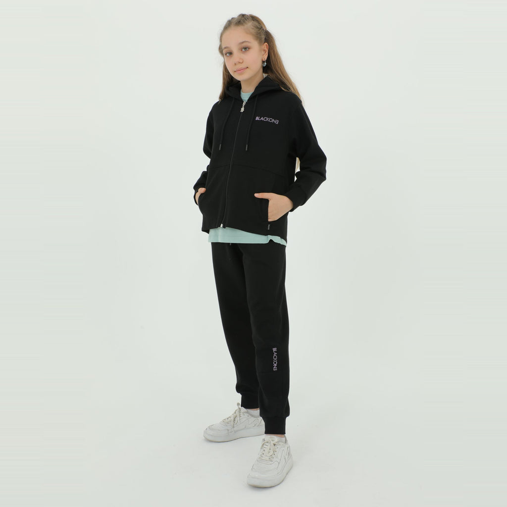 Zip-up hoodie girls jogger set in grey and black with elastic waistband and snug ankle cuffs — view 3