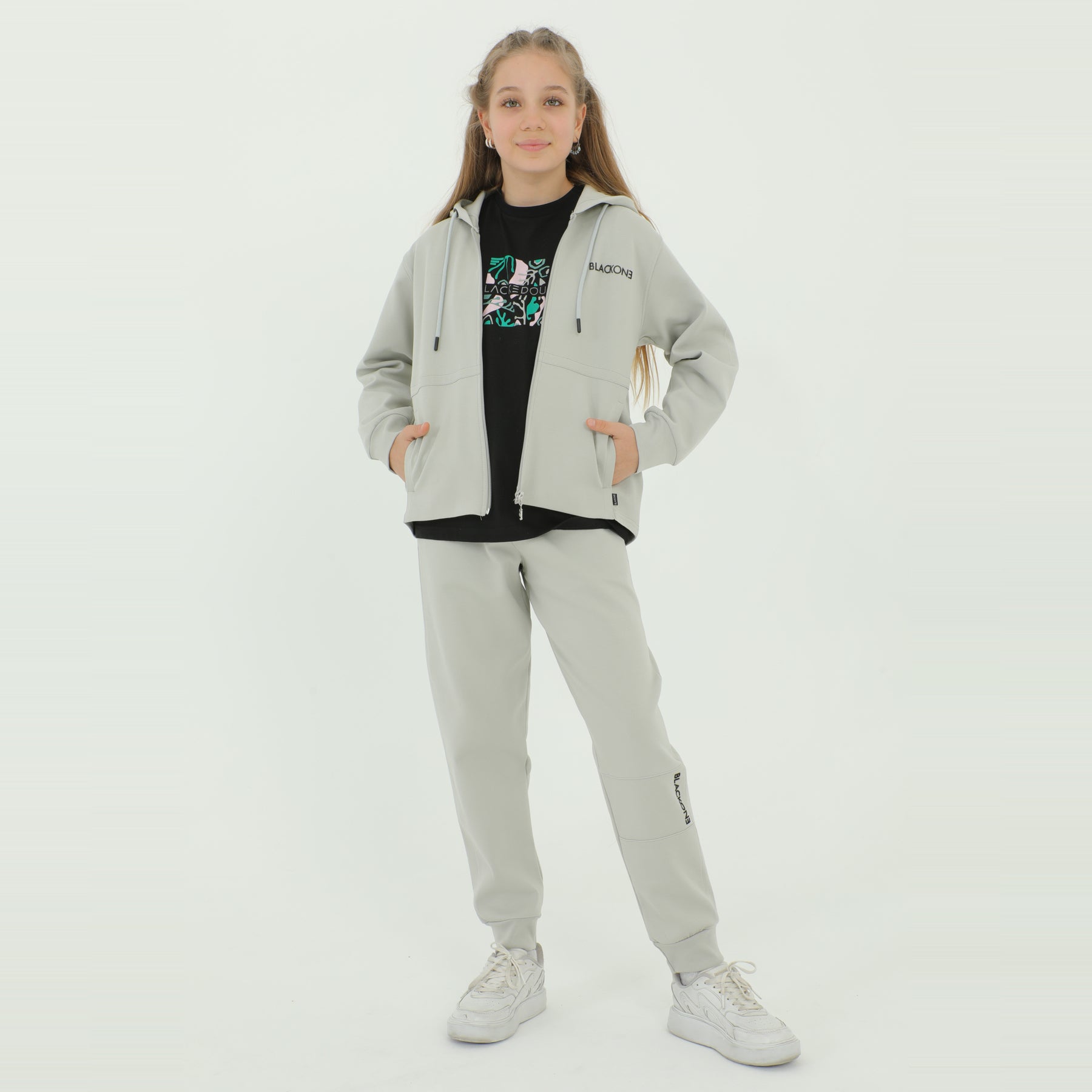 Zip-up hoodie girls jogger set in grey and black with elastic waistband and snug ankle cuffs — view 4