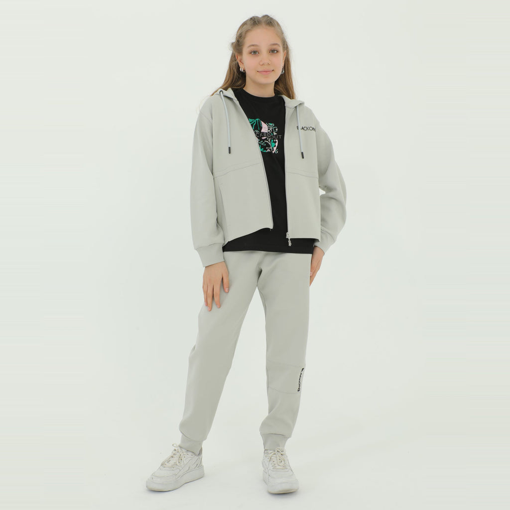 Zip-up hoodie girls jogger set in grey and black with elastic waistband and snug ankle cuffs