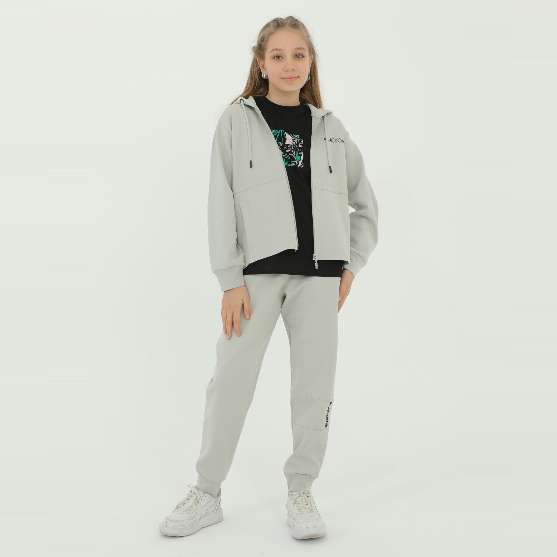 Zip-up hoodie girls jogger set in grey and black with elastic waistband and snug ankle cuffs
