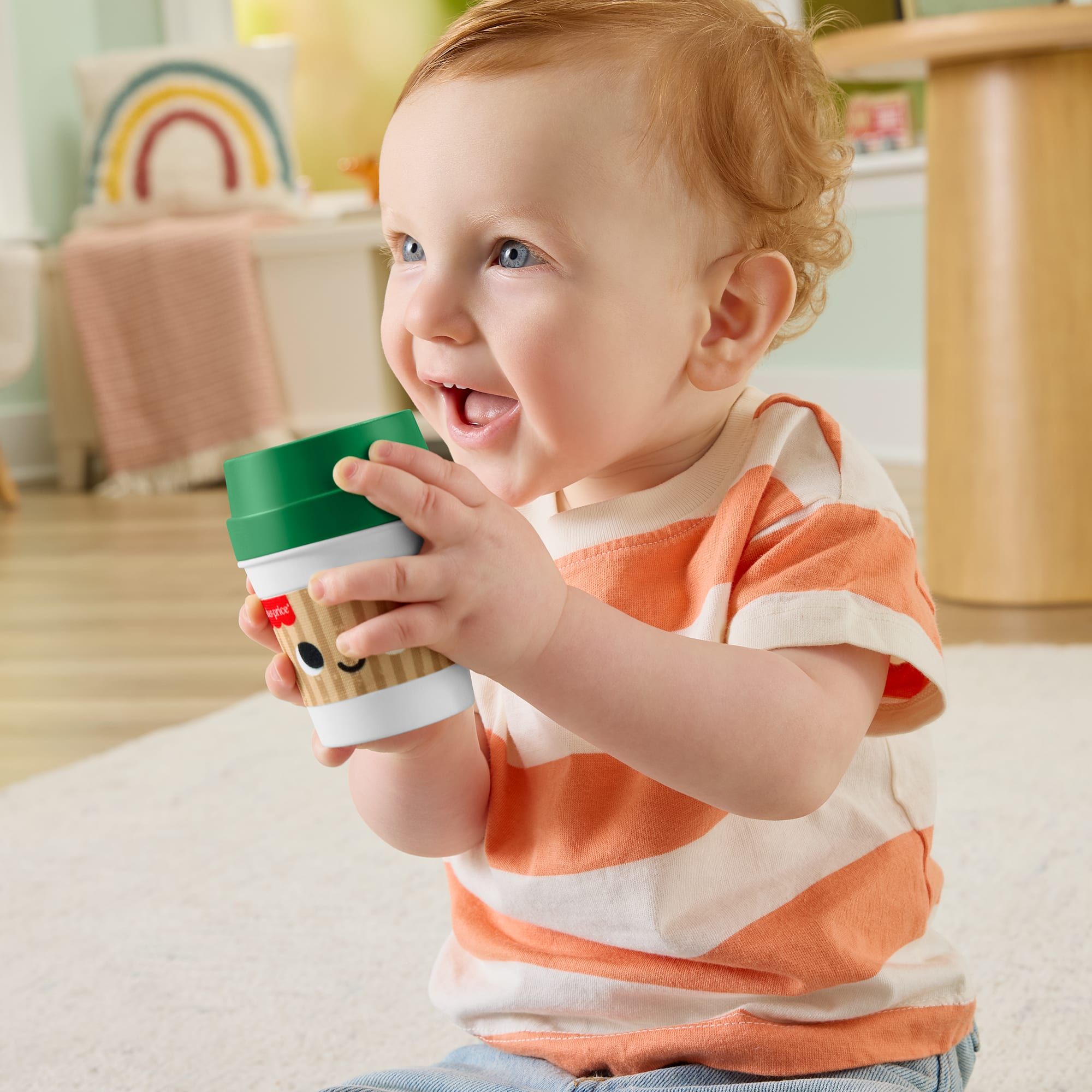 Fisher-Price mini coffee cup baby teether and sensory rattle with pretend coffee beans inside — view 2