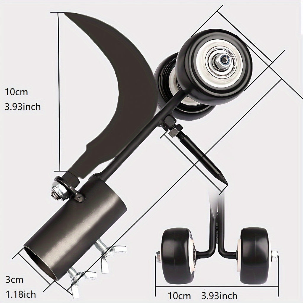 Black multi purpose leaf gutter cleaner and weeding tool with dual roller tires for driveway edging — view 3