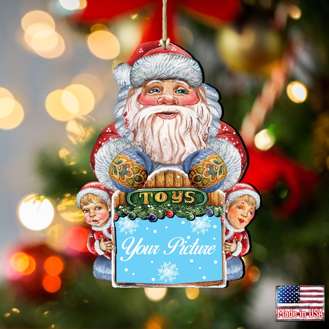 Santa picture frame ornament in handcrafted birch wood with vintage snowman and holiday art details — view 3