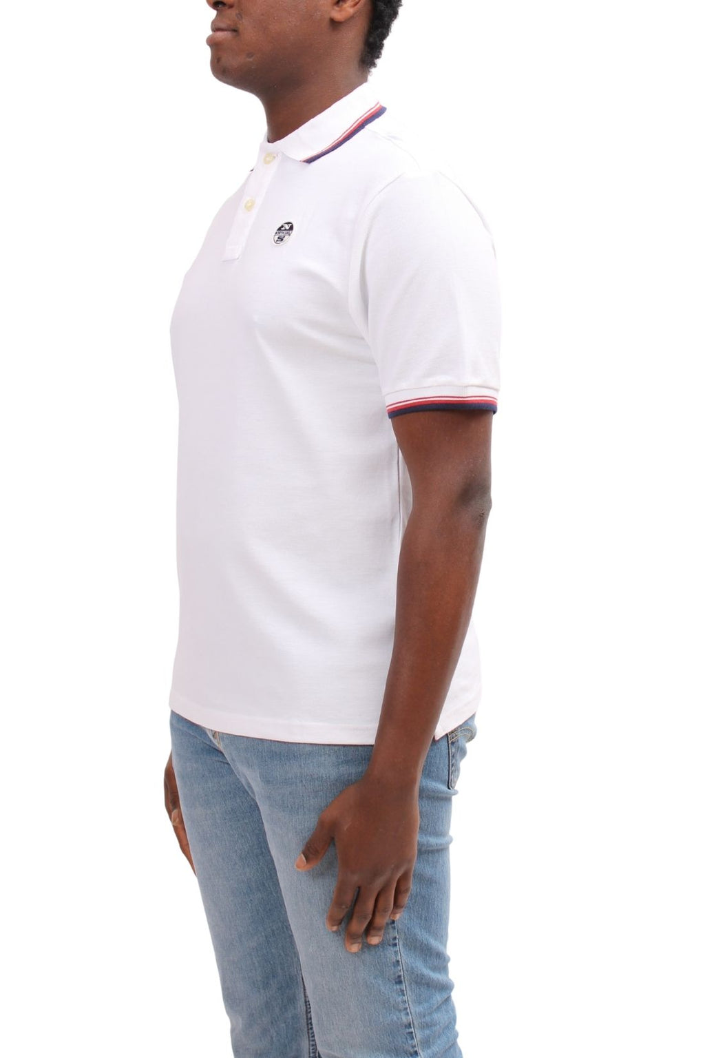 Men's navy blue cotton mesh polo shirt with contrasting piping and front logo patch. — view 18