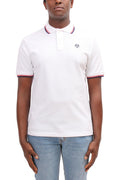 Men's navy blue cotton mesh polo shirt with contrasting piping and front logo patch.