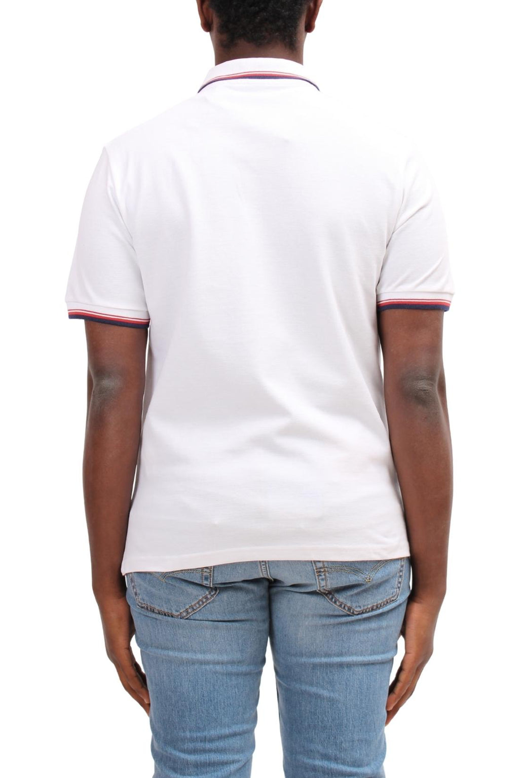 Men's navy blue cotton mesh polo shirt with contrasting piping and front logo patch. — view 19