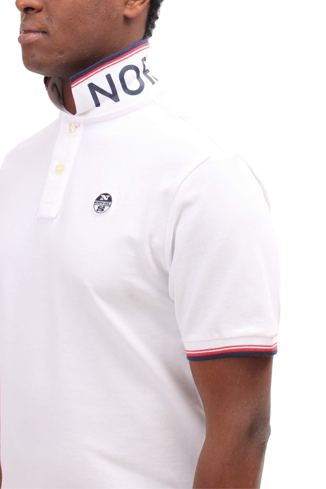 Men's navy blue cotton mesh polo shirt with contrasting piping and front logo patch. — view 20