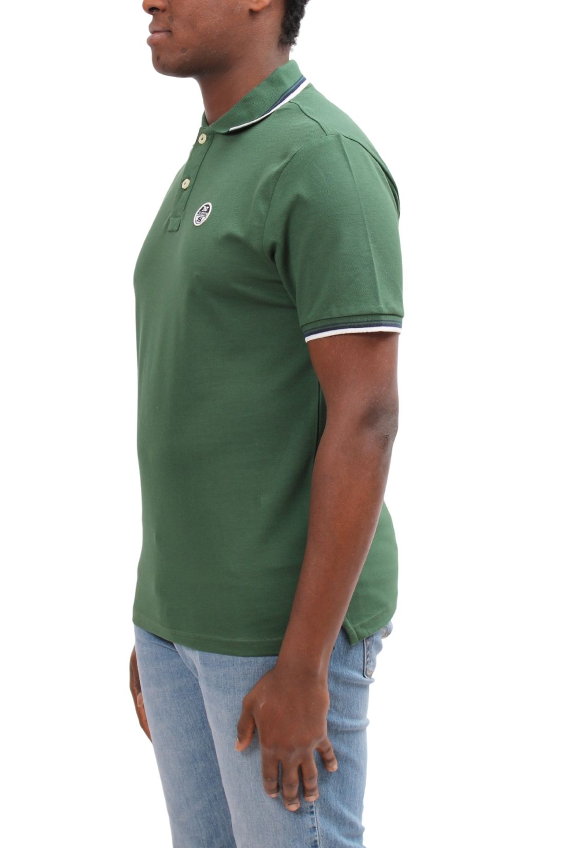 Men's navy blue cotton mesh polo shirt with contrasting piping and front logo patch. — view 22