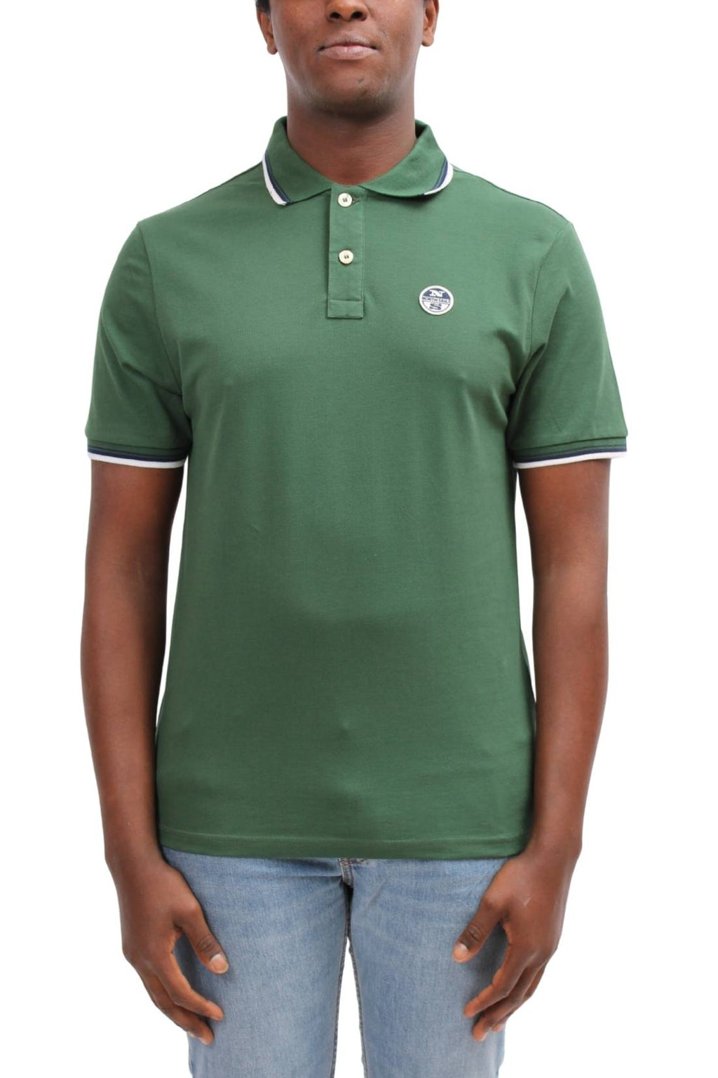 Men's navy blue cotton mesh polo shirt with contrasting piping and front logo patch. — view 29