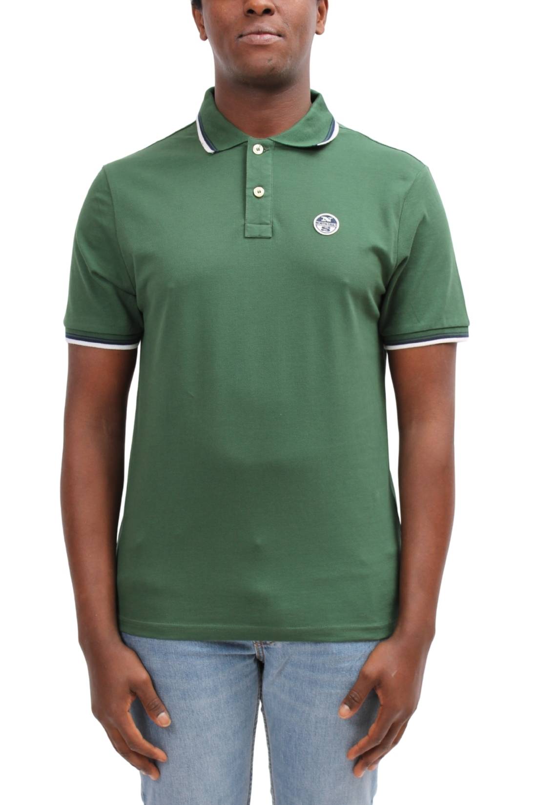 Men's navy blue cotton mesh polo shirt with contrasting piping and front logo patch. — view 37