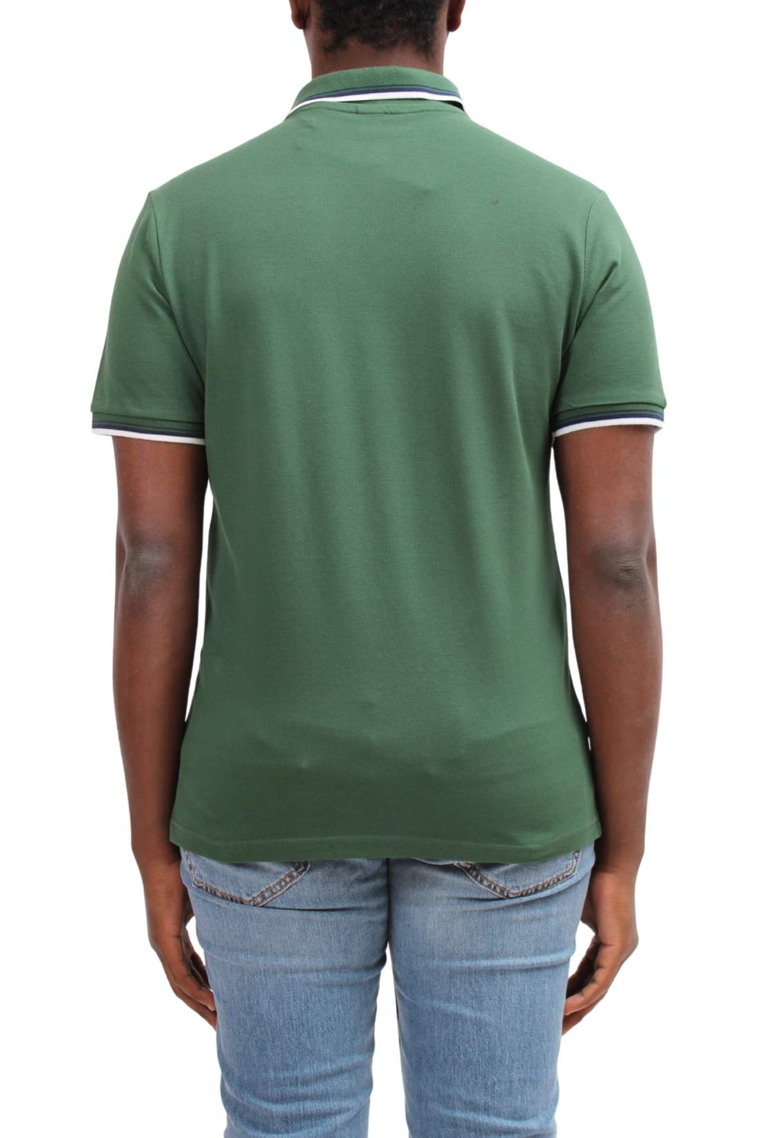 Men's navy blue cotton mesh polo shirt with contrasting piping and front logo patch. — view 23