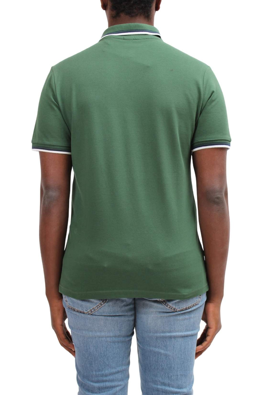 Men's navy blue cotton mesh polo shirt with contrasting piping and front logo patch. — view 27
