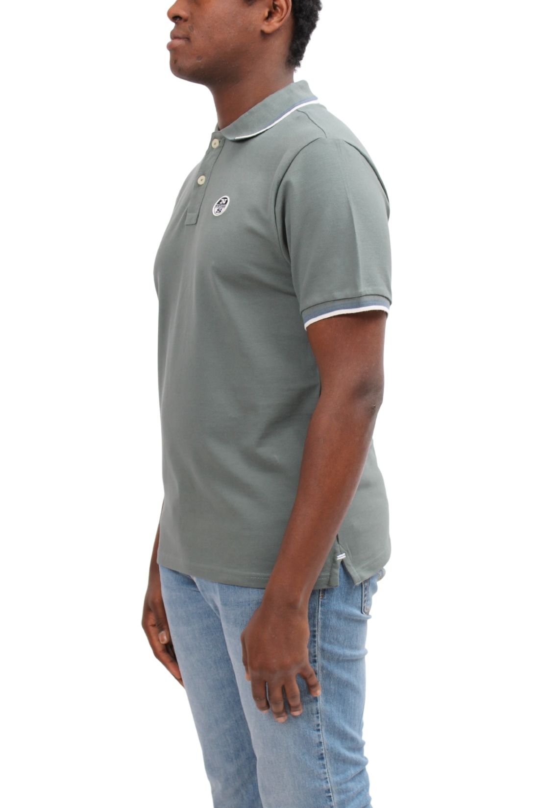 Men's navy blue cotton mesh polo shirt with contrasting piping and front logo patch. — view 42