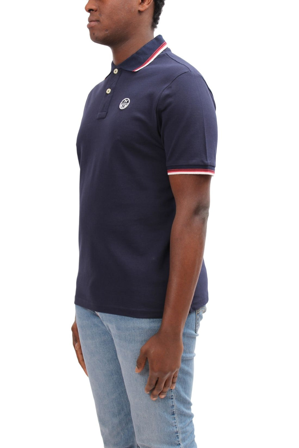 Men's navy blue cotton mesh polo shirt with contrasting piping and front logo patch. — view 50