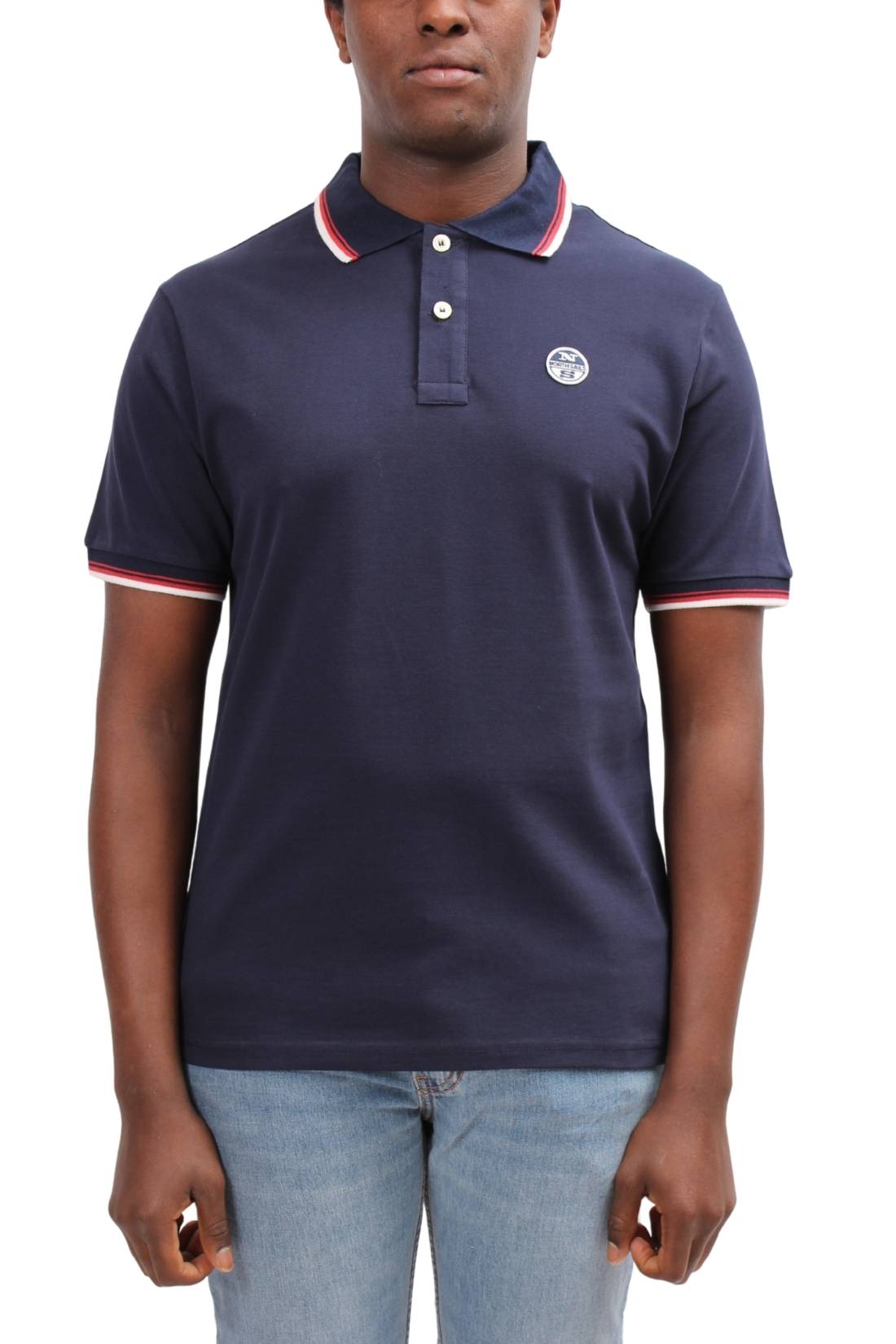 Men's navy blue cotton mesh polo shirt with contrasting piping and front logo patch. — view 45