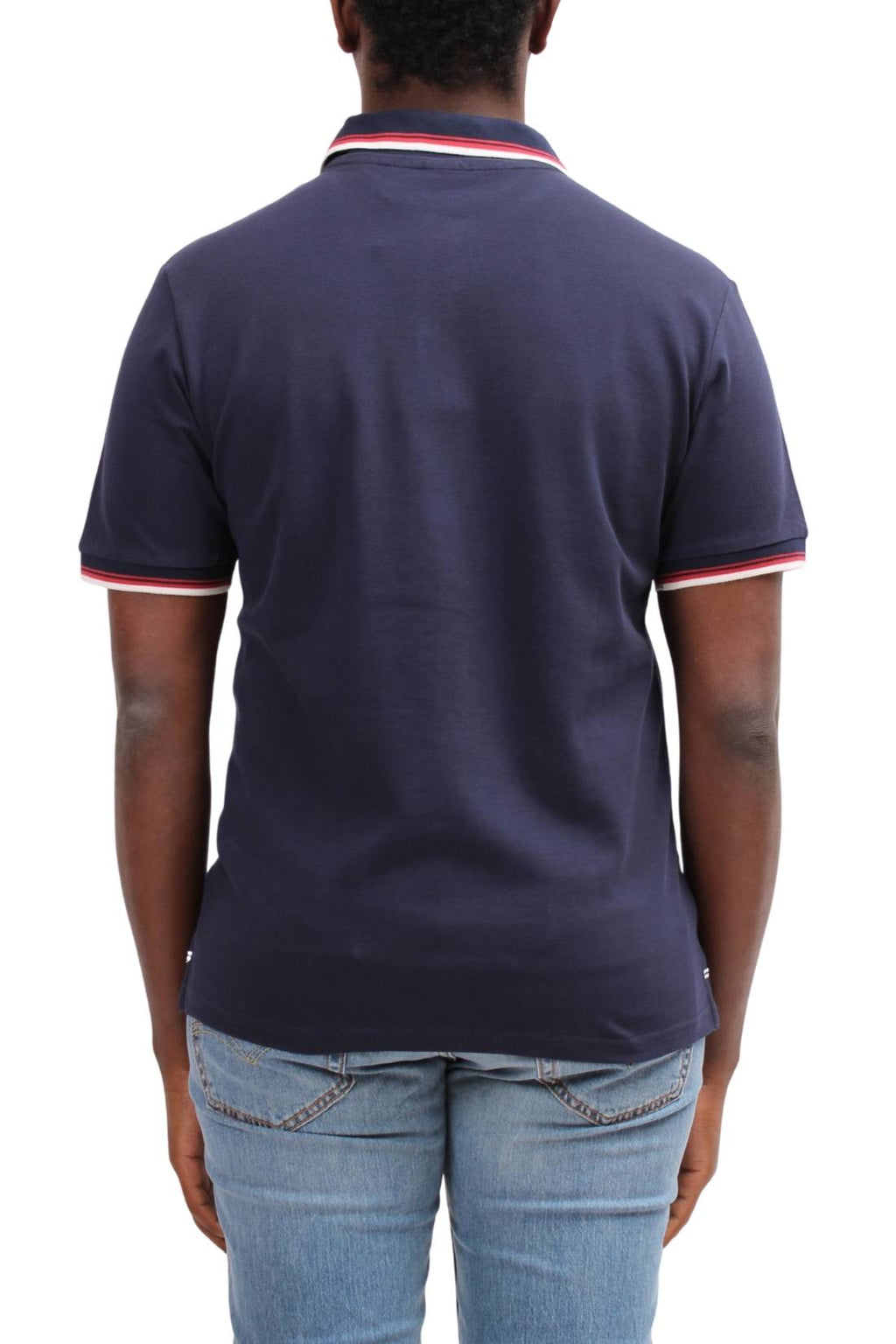 Men's navy blue cotton mesh polo shirt with contrasting piping and front logo patch. — view 47