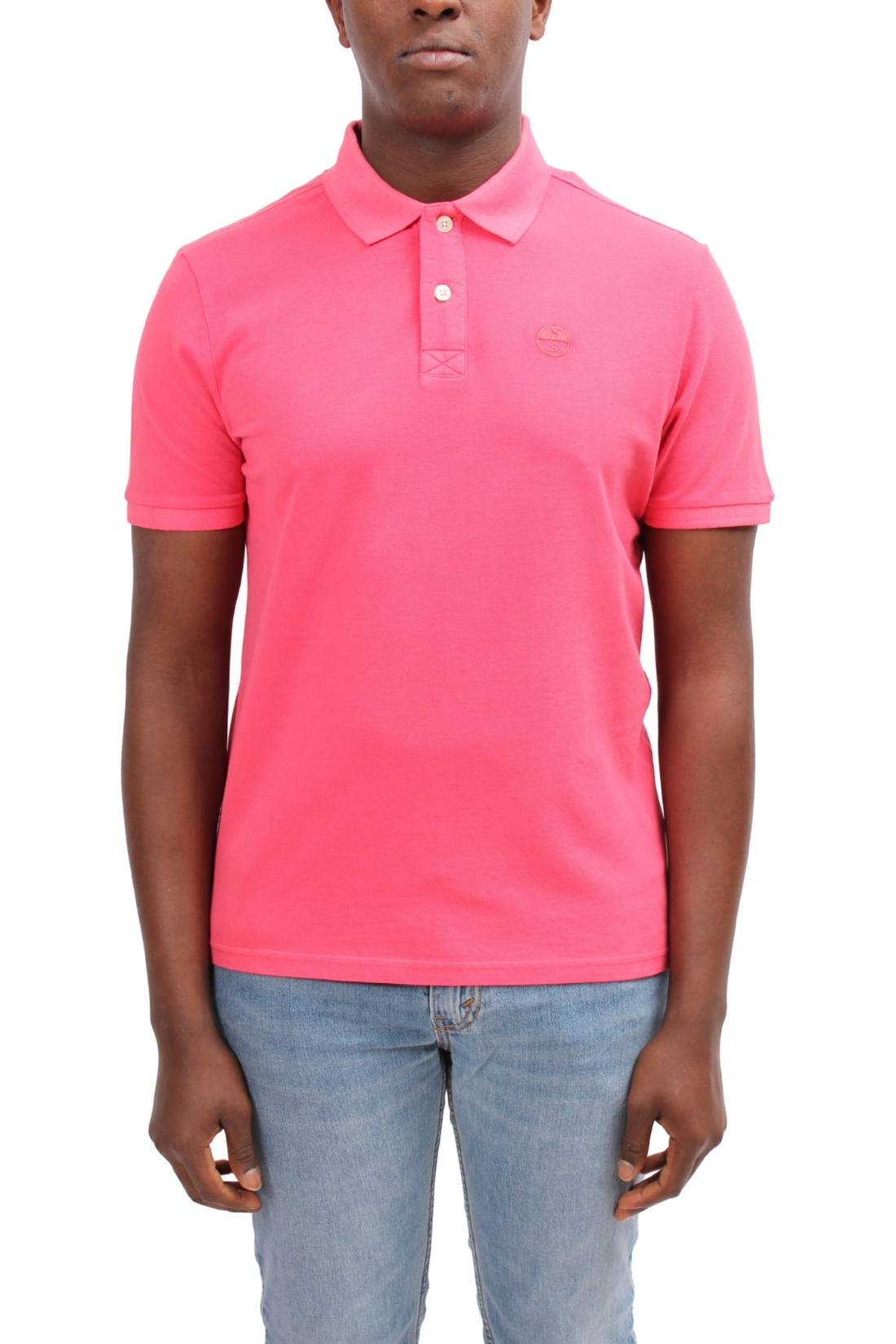 Bright orange men's organic cotton polo shirt with embroidered logo and stylish collar detailing. — view 13