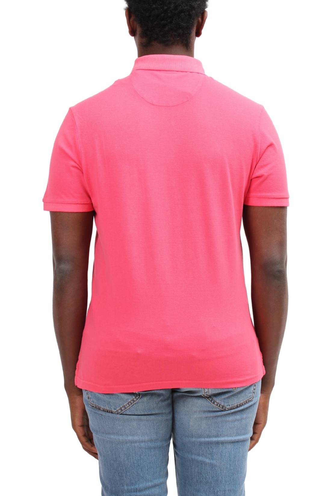 Bright orange men's organic cotton polo shirt with embroidered logo and stylish collar detailing. — view 15
