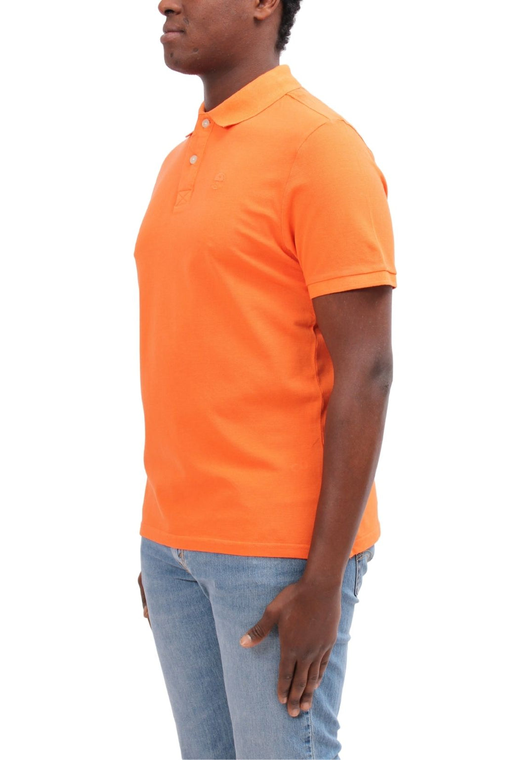 Bright orange men's organic cotton polo shirt with embroidered logo and stylish collar detailing. — view 42