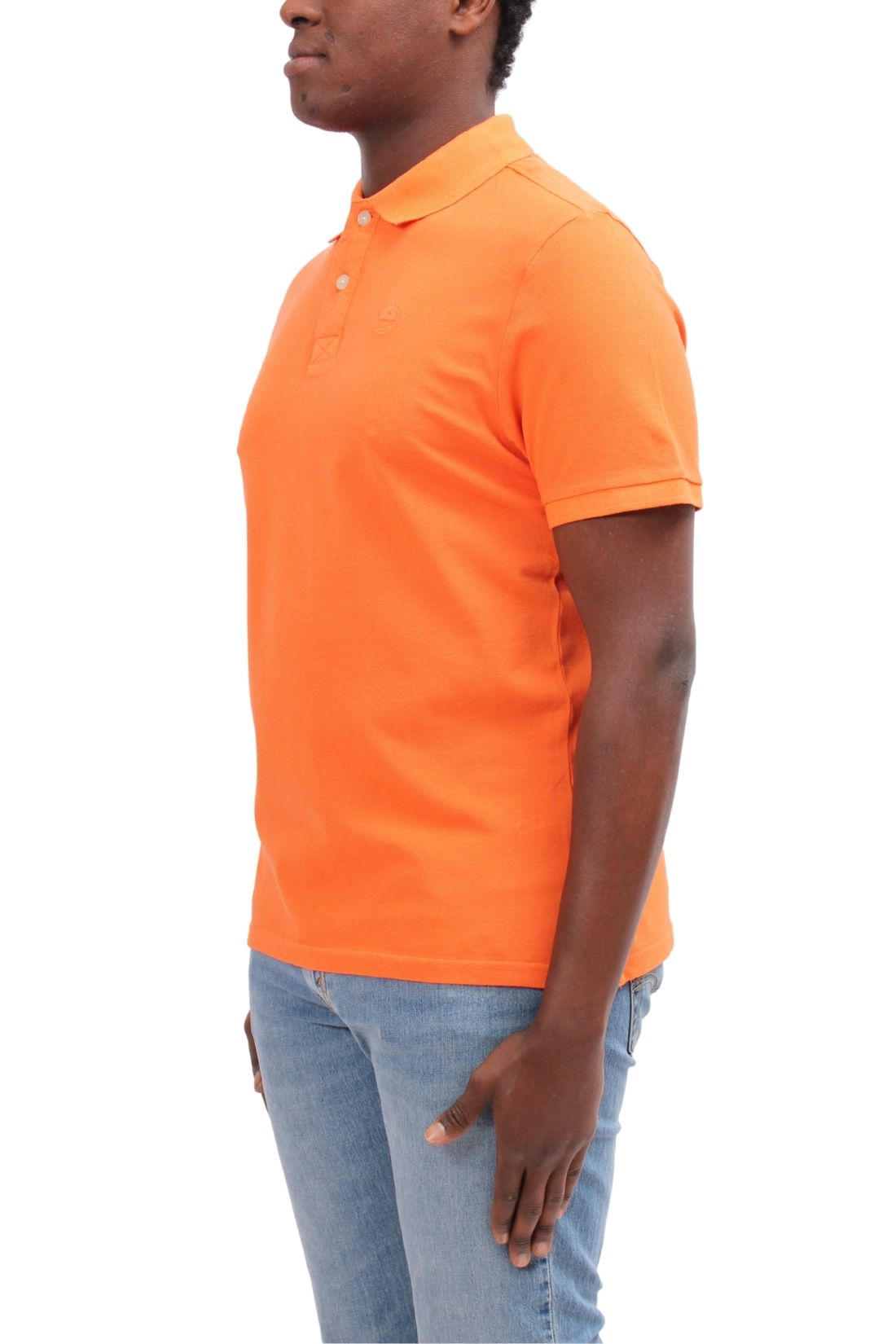 Bright orange men's organic cotton polo shirt with embroidered logo and stylish collar detailing. — view 42