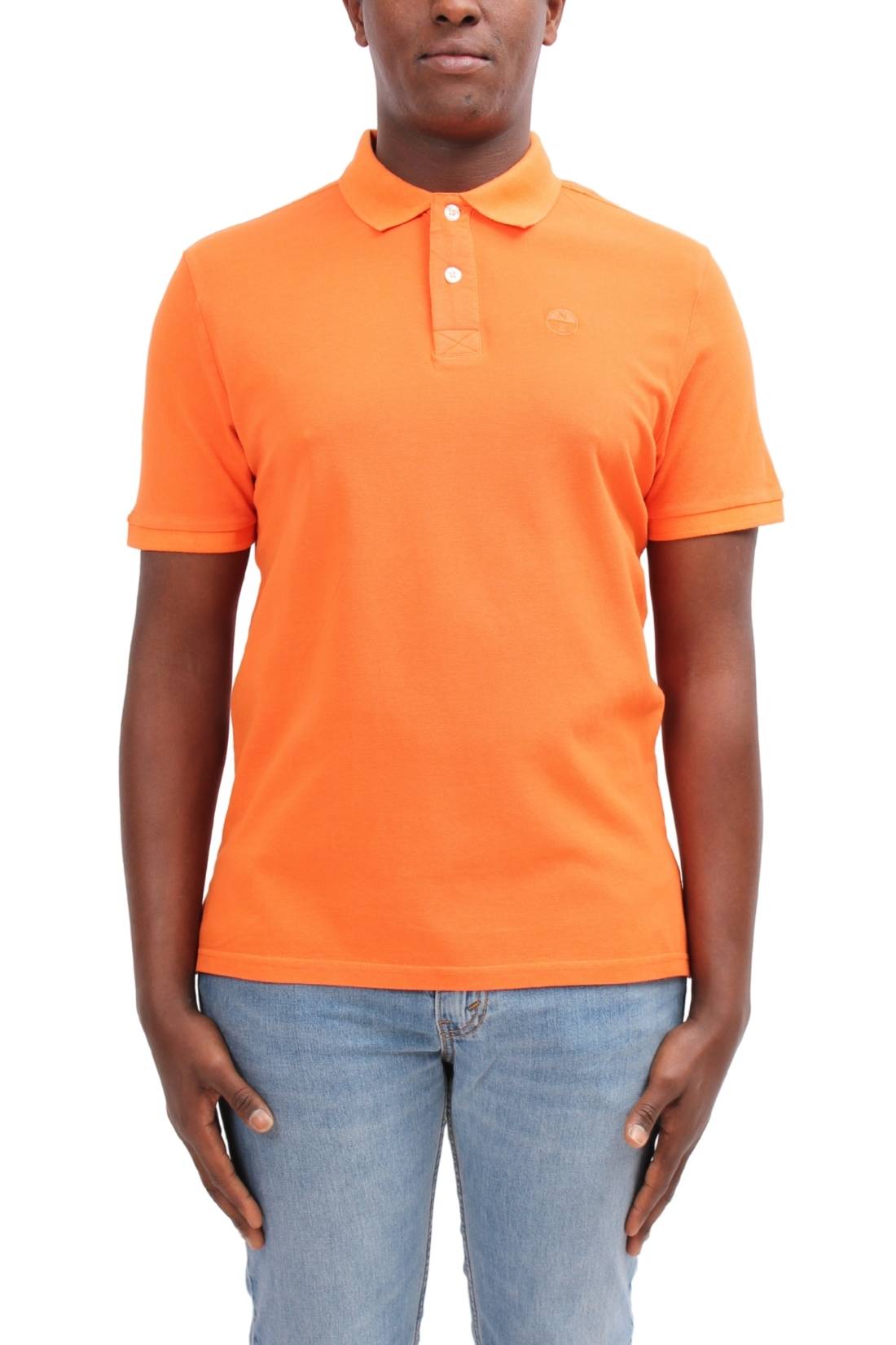 Bright orange men's organic cotton polo shirt with embroidered logo and stylish collar detailing. — view 29