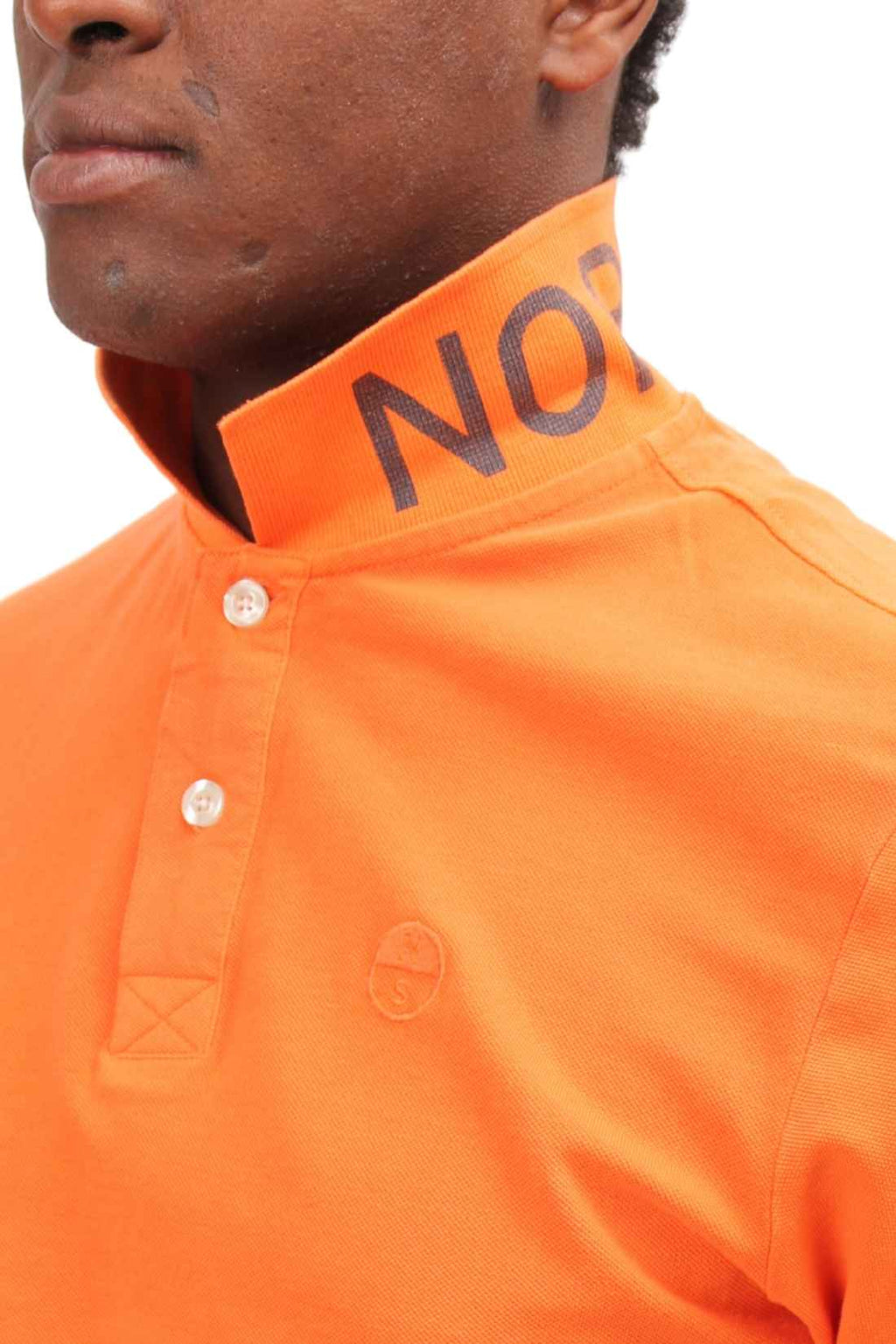 Bright orange men's organic cotton polo shirt with embroidered logo and stylish collar detailing. — view 40