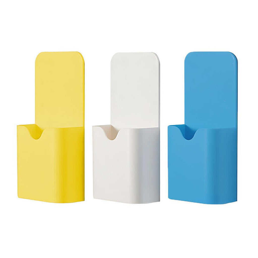 Magnetic pen holder box in durable plastic attached to a white refrigerator storing office supplies — view 2