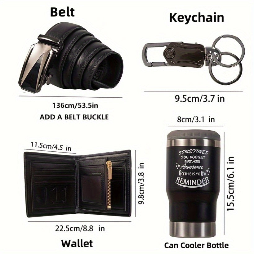 Men's 6-piece accessory gift set featuring a leather wallet, belt, keychain, cooler, and greeting card — view 3