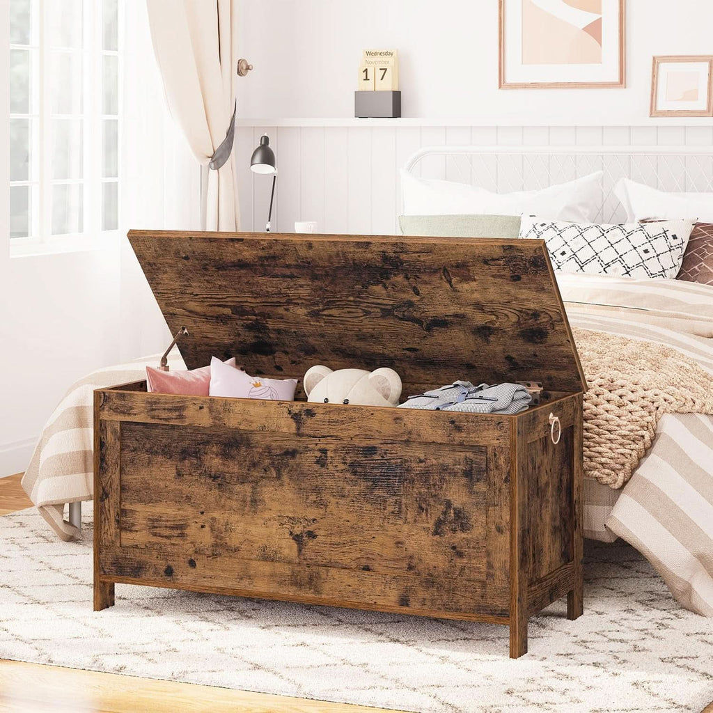 Rustic brown wooden storage bench and toy box with slow-close safety hinges and side rings — view 4