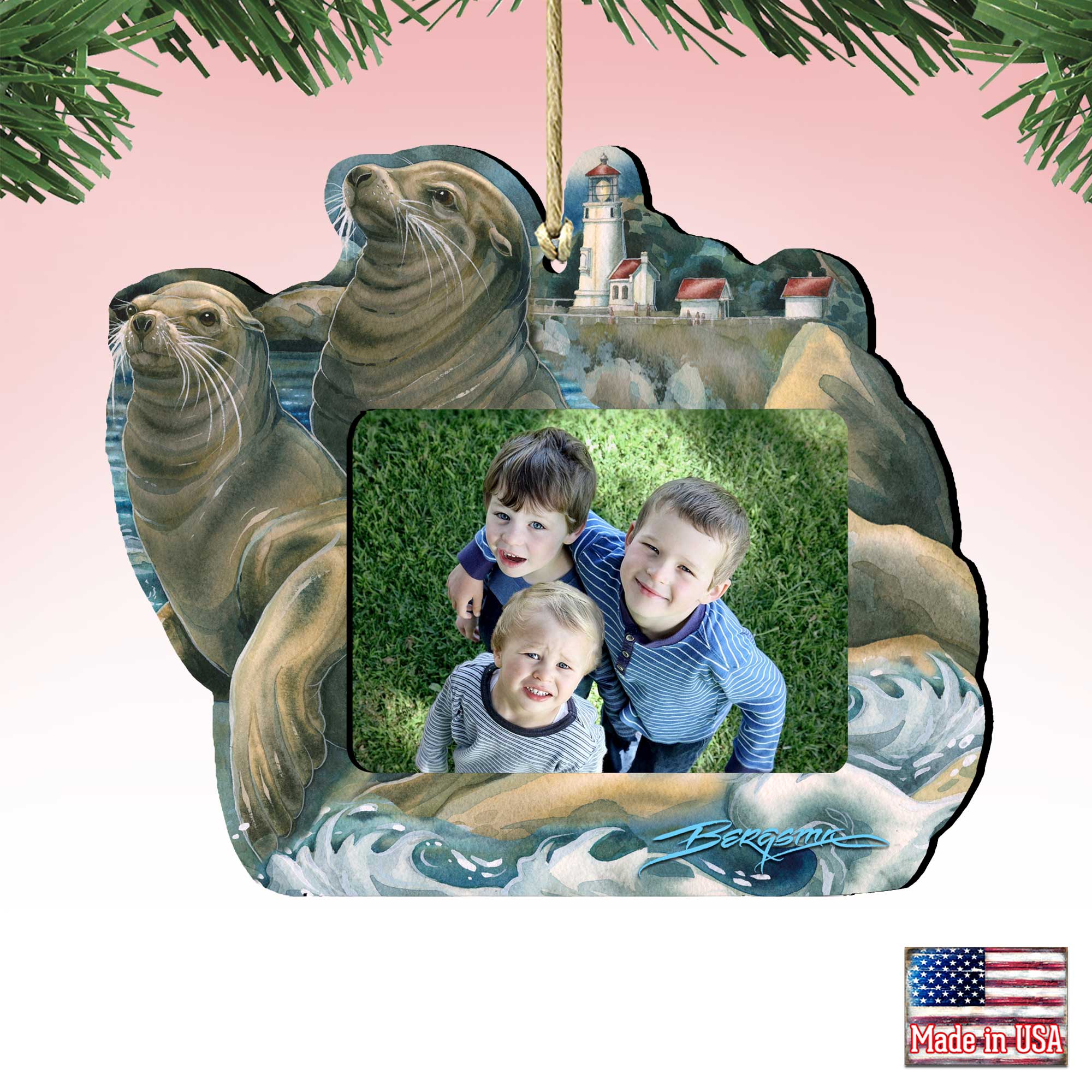 Wooden sea lions and lighthouse picture frame ornament with coastal art for holiday tree decor — view 3