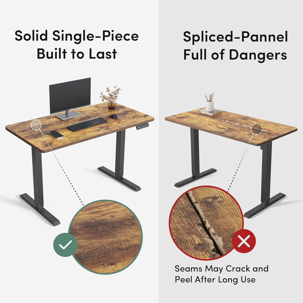 Large 48x24 electric standing desk in rustic brown with solid one-piece desktop and steel frame — view 5
