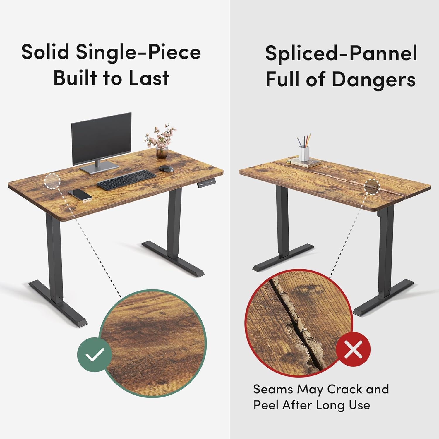 Large 48x24 electric standing desk in rustic brown with solid one-piece desktop and steel frame — view 5