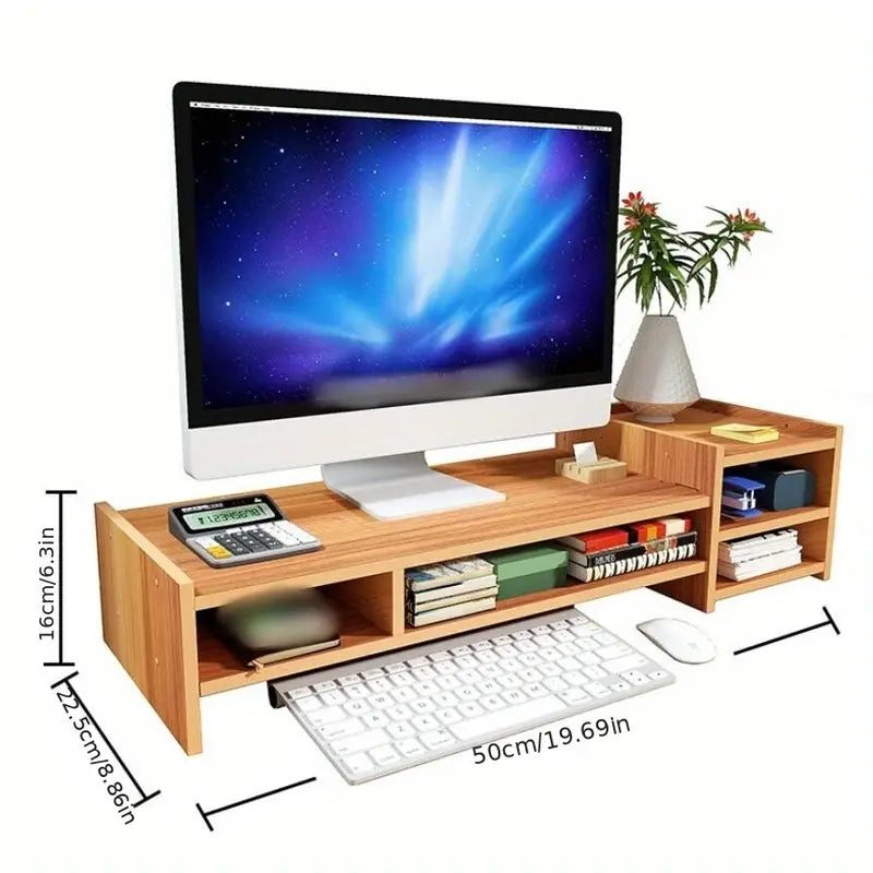 Natural wooden monitor stand and desktop organizer with compartments for office supplies and accessories — view 5