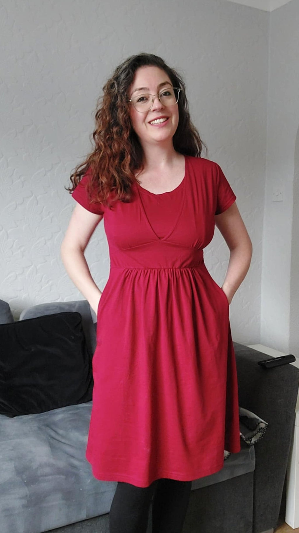 Burgundy red cotton breastfeeding dress with smock silhouette and hidden nursing panels — view 3