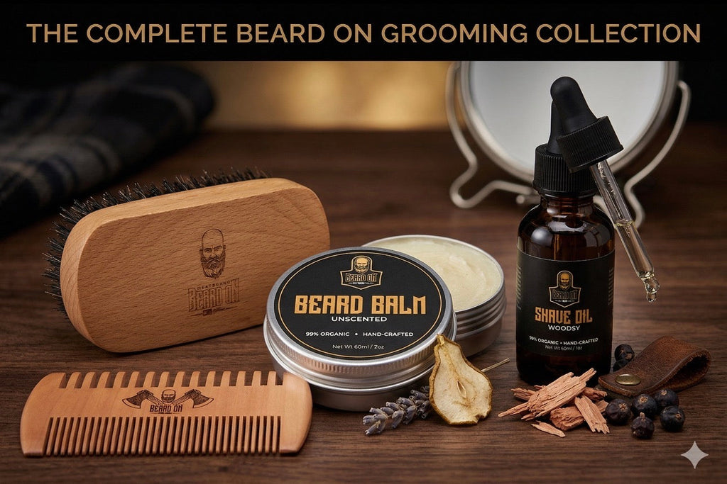 Organic beard grooming kit with oil bottle balm tin boar bristle brush and wooden comb — view 5