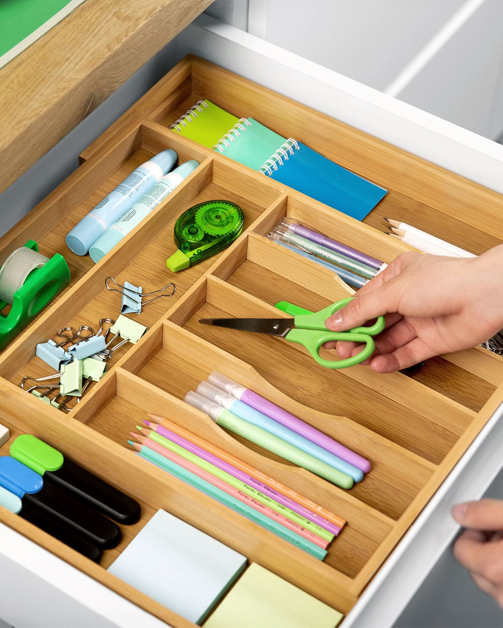 Natural bamboo 9-slot silverware drawer organizer tray with deep compartments for kitchen utensils — view 2
