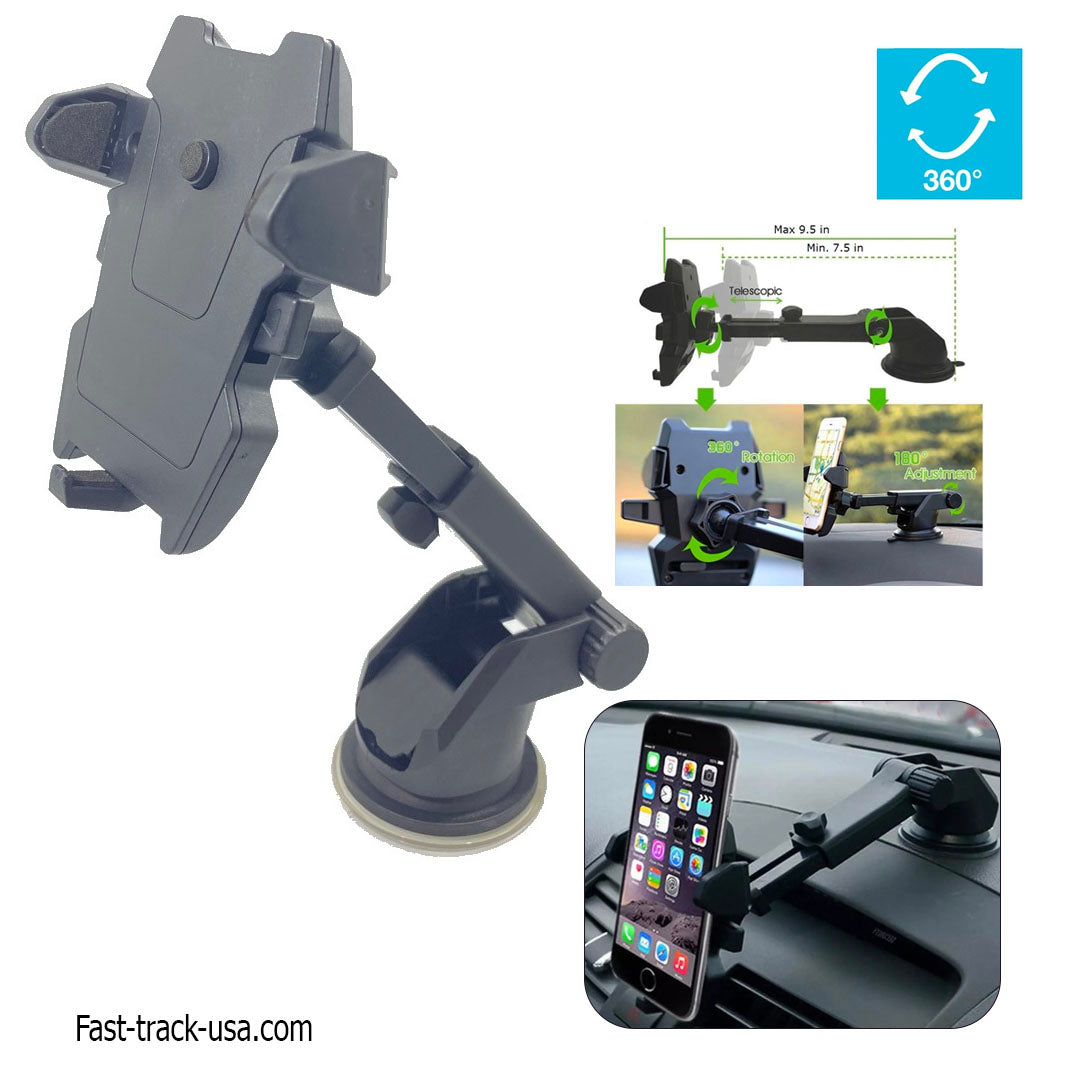 Adjustable long neck car phone mount attached to a dashboard holding a modern black smartphone — view 5
