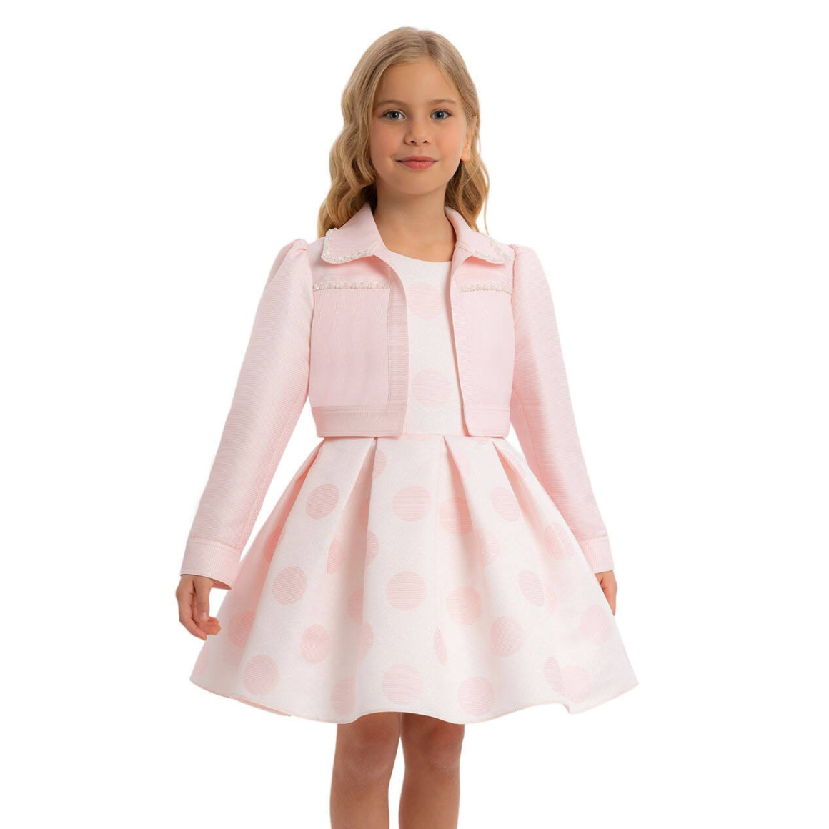 Sweet Serenity formal girls dress and matching pearl embroidered bolero jacket in elegant jacquard fabric — view 5