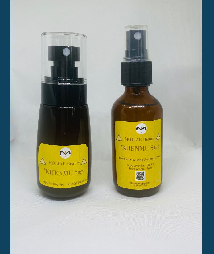 KHENMU Sage Smudge Spray in amber bottle with lavender frankincense and myrrh essential oils — view 2