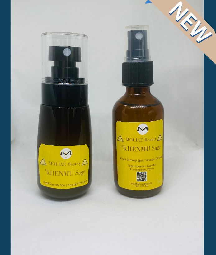 KHENMU Sage Smudge Spray in amber bottle with lavender frankincense and myrrh essential oils