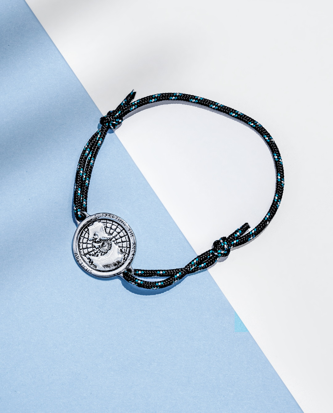Arctic Circle black rope bracelet with stainless steel map charm and blue lines detail — view 2