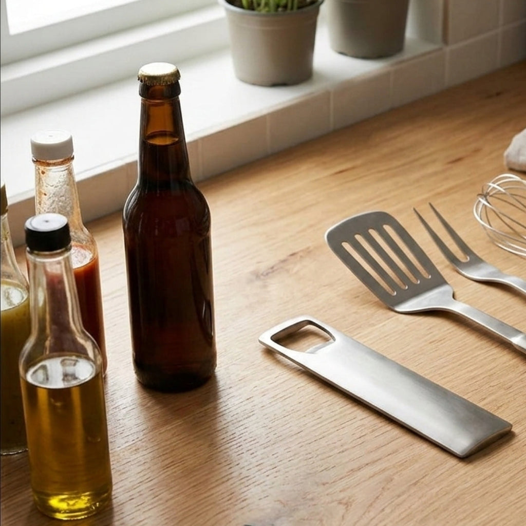 Long rectangle stainless steel bottle opener with a sleek polished finish for modern home bars — view 5