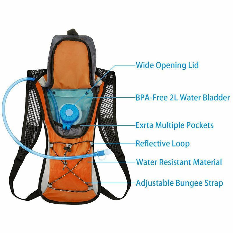 Lightweight nylon hydration backpack with two liter water bladder and adjustable shoulder straps — view 3