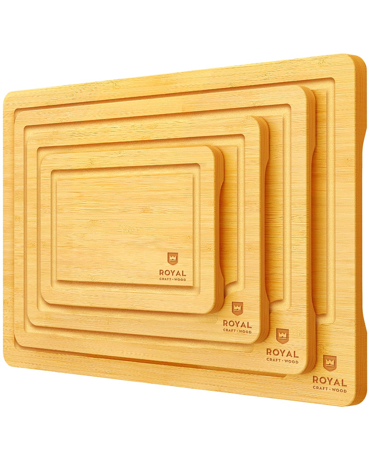 Bamboo cutting board set of four, natural light wood color with rectangular design and juice grooves — view 3