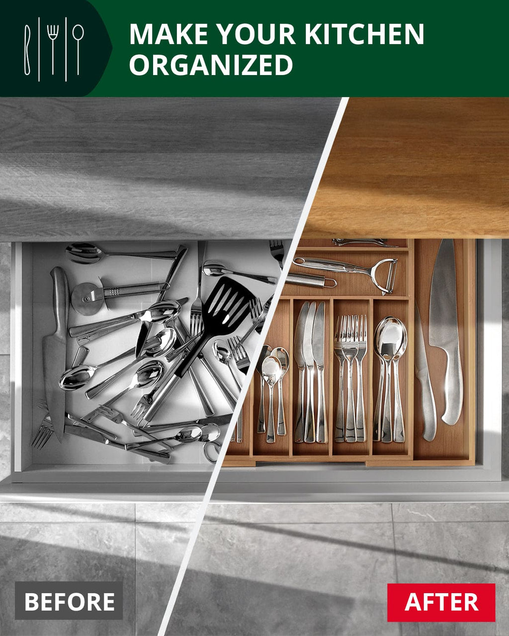 Brown bamboo silverware drawer organizer with nine slots for kitchen cutlery and utensils — view 2