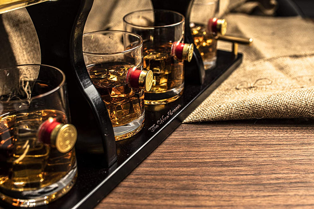 Handcrafted glass rifle whiskey decanter set with wooden display stand and four bullet glasses — view 4