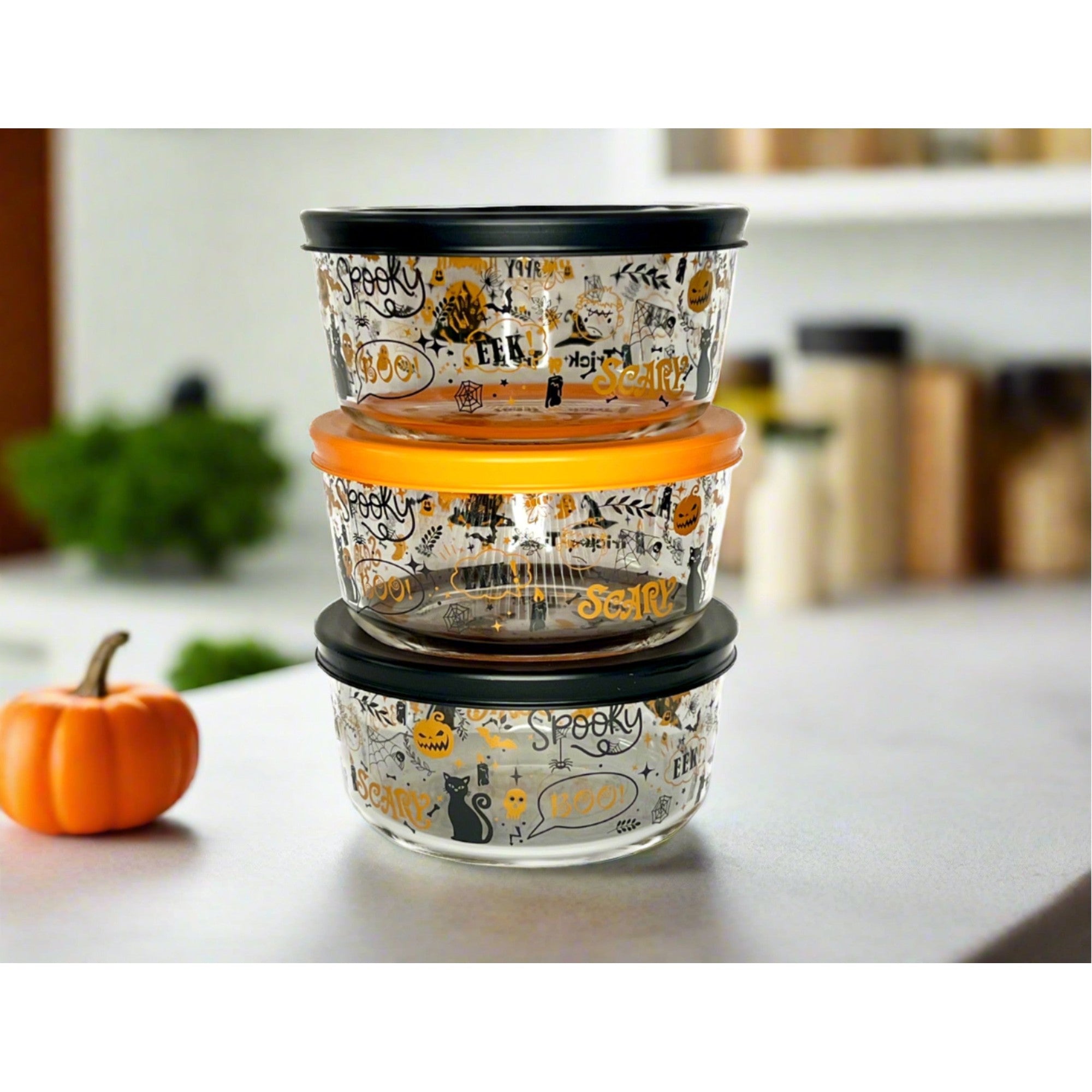 Halloween themed 2-cup glass storage containers with airtight lids in festive patterns — view 2