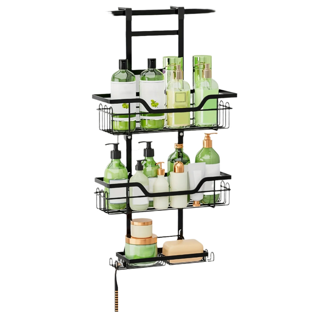 Black cast iron 3-tier over the door bathroom shower caddy with built-in soap holder