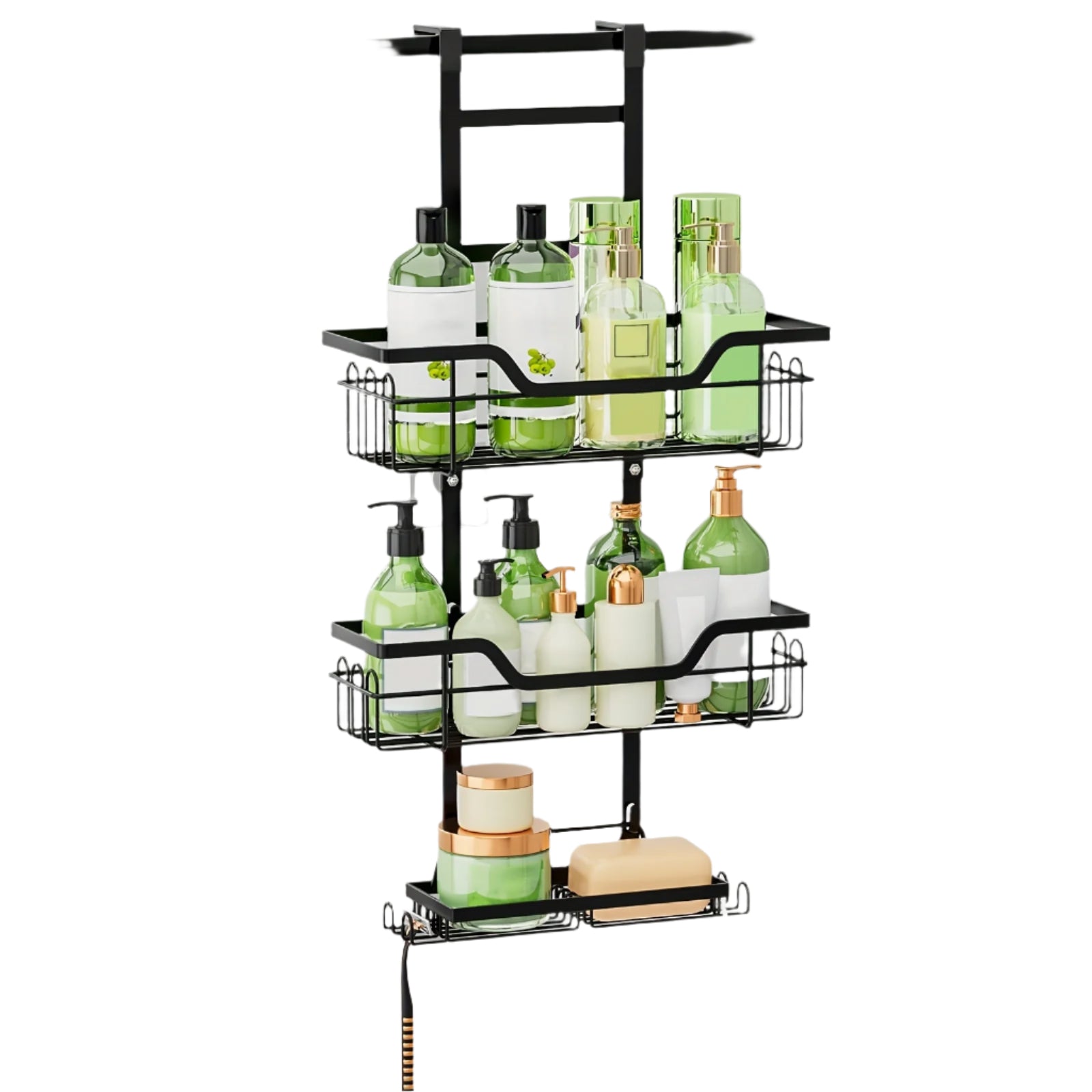Black cast iron 3-tier over the door bathroom shower caddy with built-in soap holder